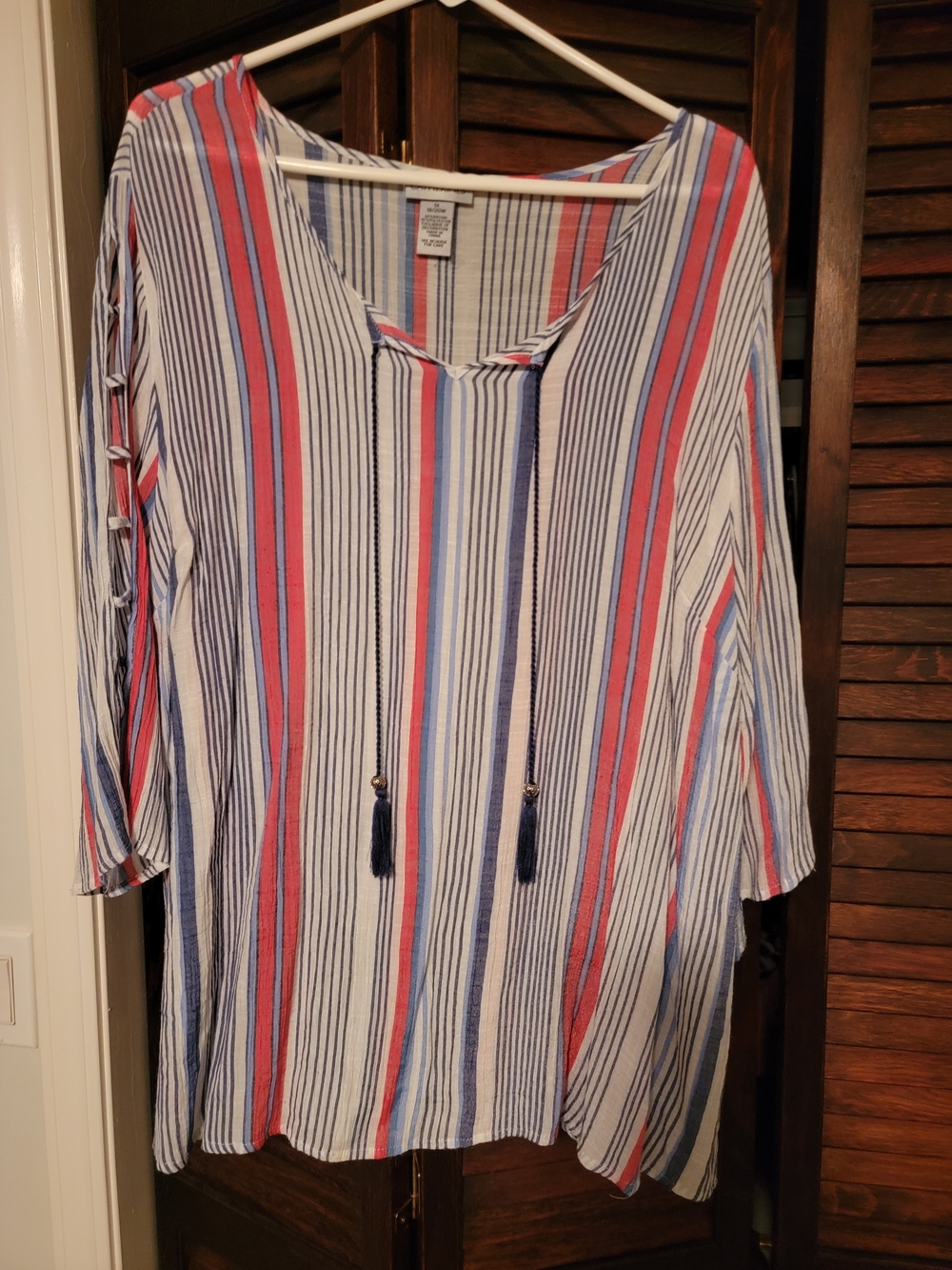 Catherines Red, Blue & White Striped V-Neck Tassel Tunic